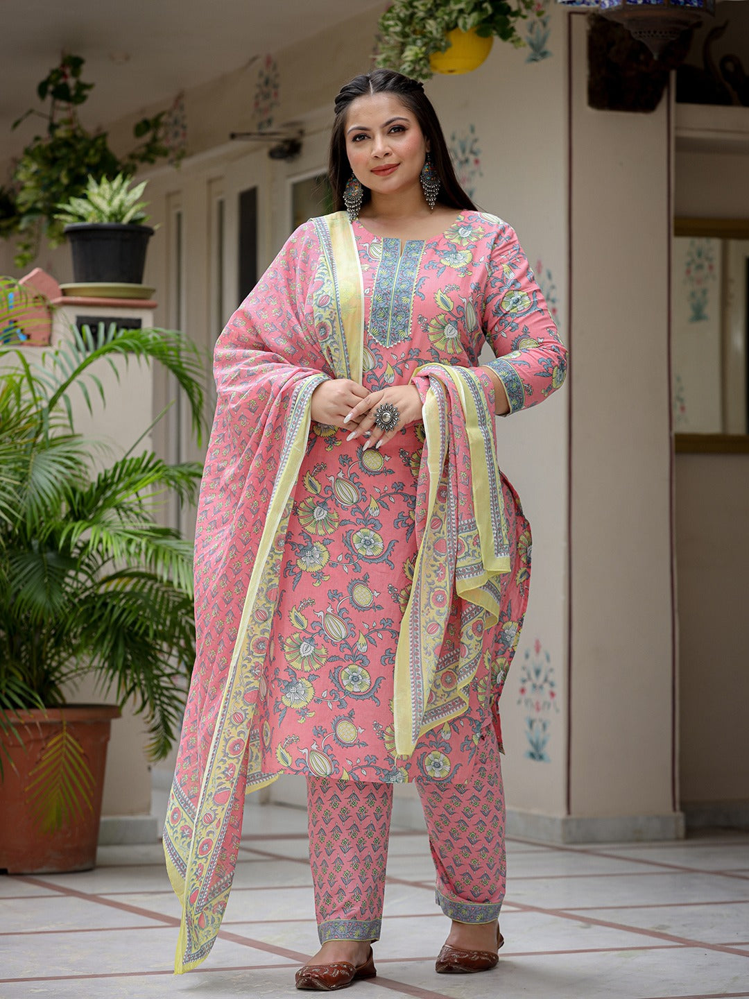 Plus Size Peach Floral Printed Regular Pure Cotton Kurta with Trousers & With Dupatta-Yufta Store-3903PSKDPC3XL