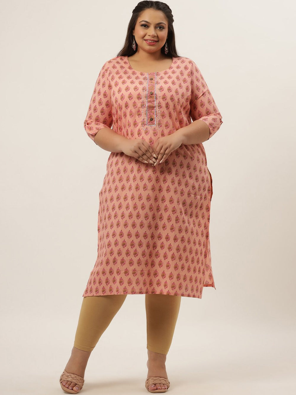 Plus Size Peach Printed Kurta-Yufta Store-4729KURPPC3XL