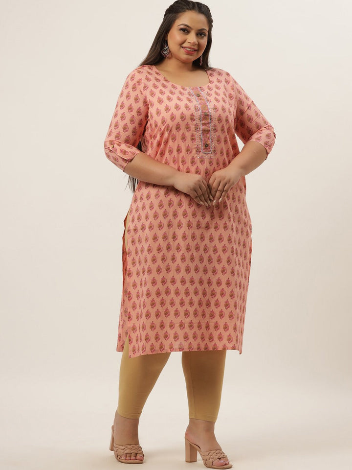 Plus Size Peach Printed Kurta-Yufta Store-4729KURPPC3XL