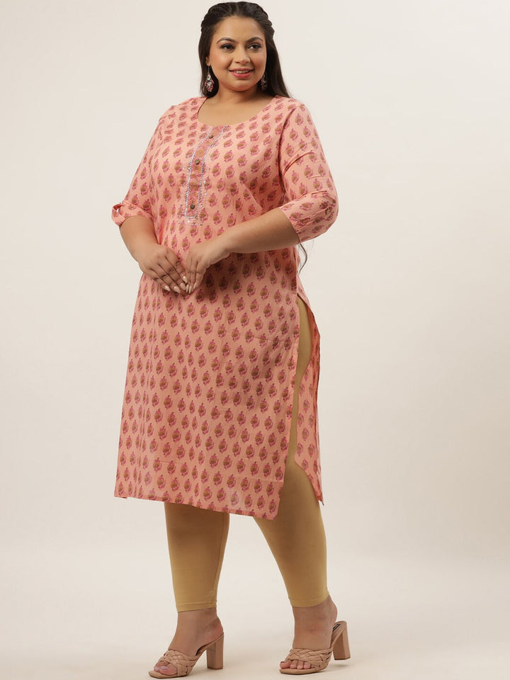 Plus Size Peach Printed Kurta-Yufta Store-4729KURPPC3XL