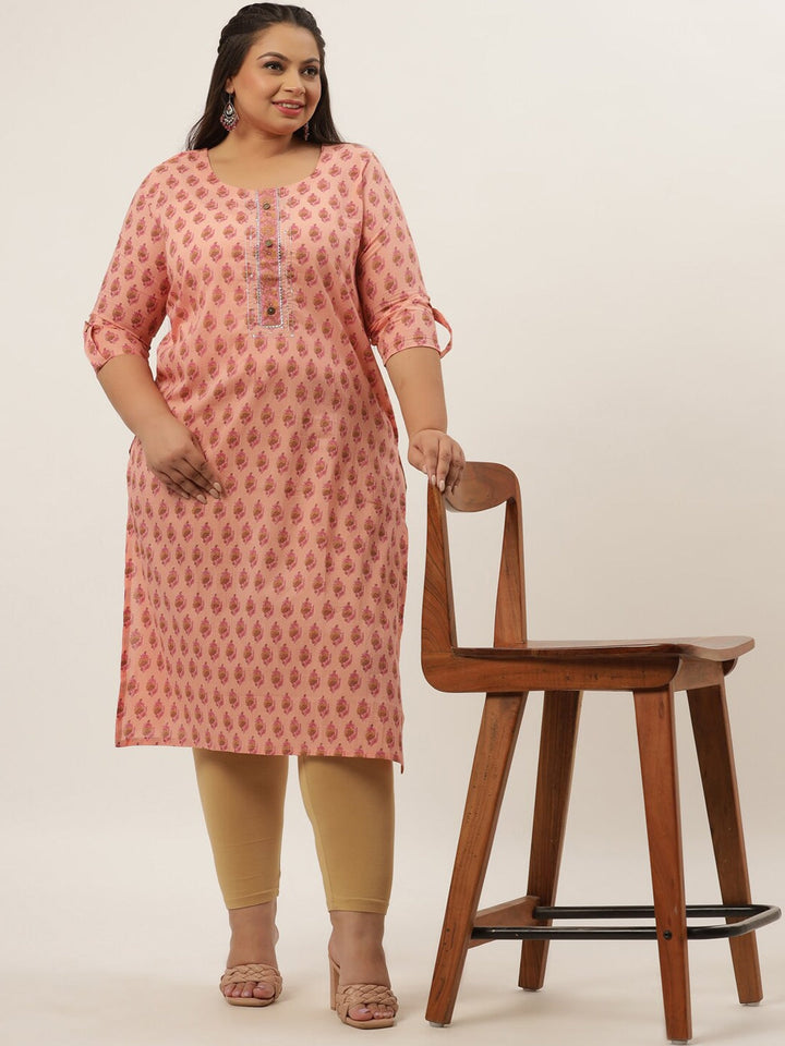 Plus Size Peach Printed Kurta-Yufta Store-4729KURPPC3XL