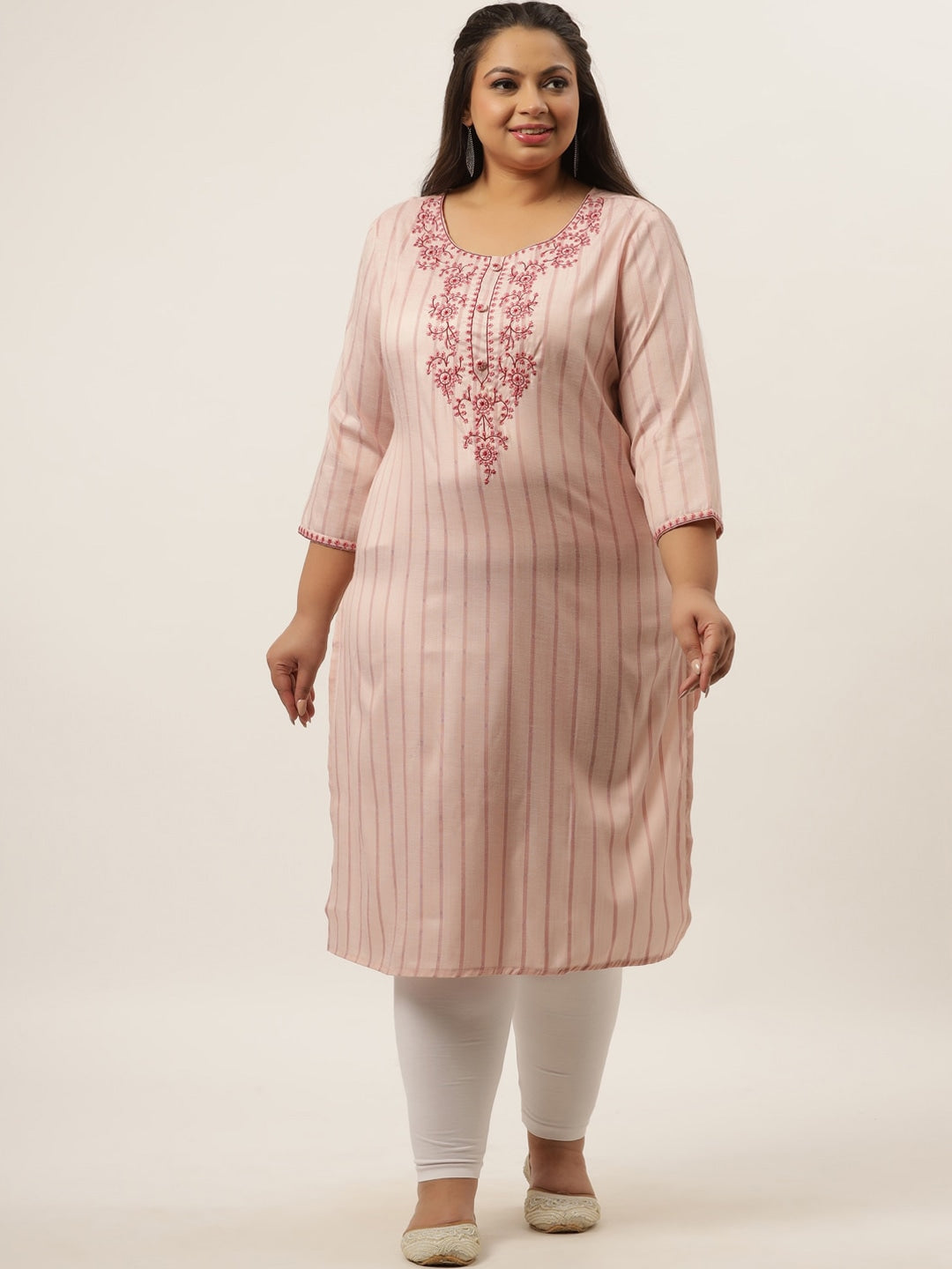 Plus Size Peach Printed Striped Woven Kurta-Yufta Store-9588KURPPC3XL