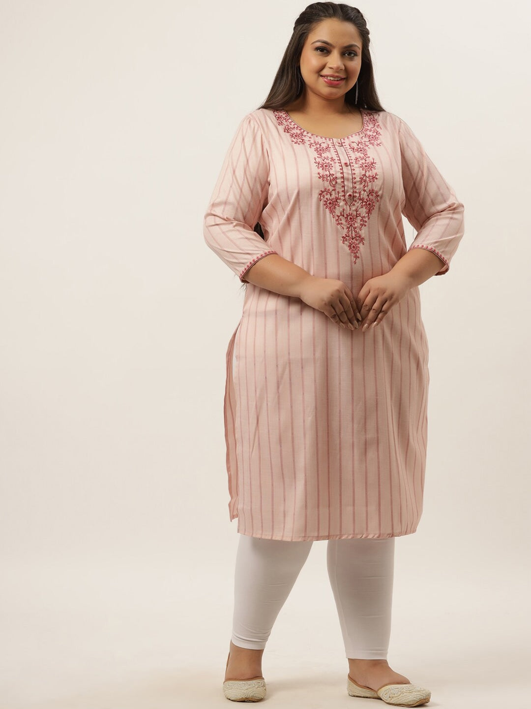 Plus Size Peach Printed Striped Woven Kurta-Yufta Store-9588KURPPC3XL