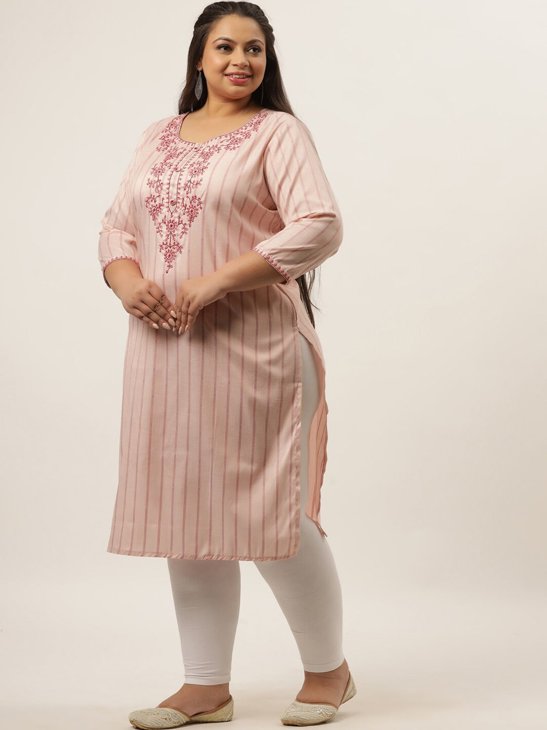 Plus Size Peach Printed Striped Woven Kurta-Yufta Store-9588KURPPC3XL