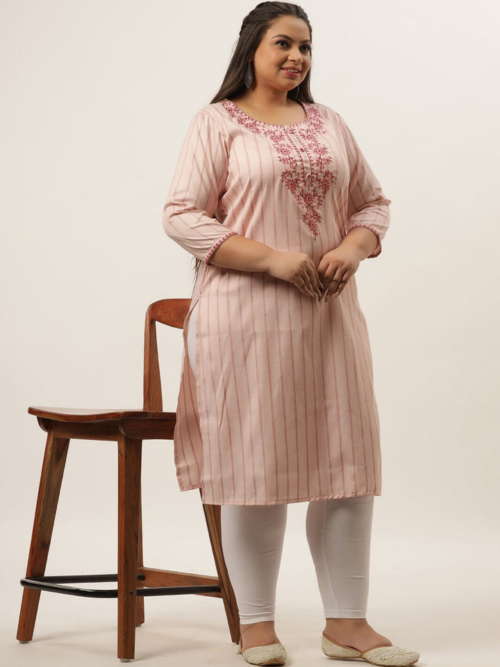 Plus Size Peach Printed Striped Woven Kurta-Yufta Store-9588KURPPC3XL