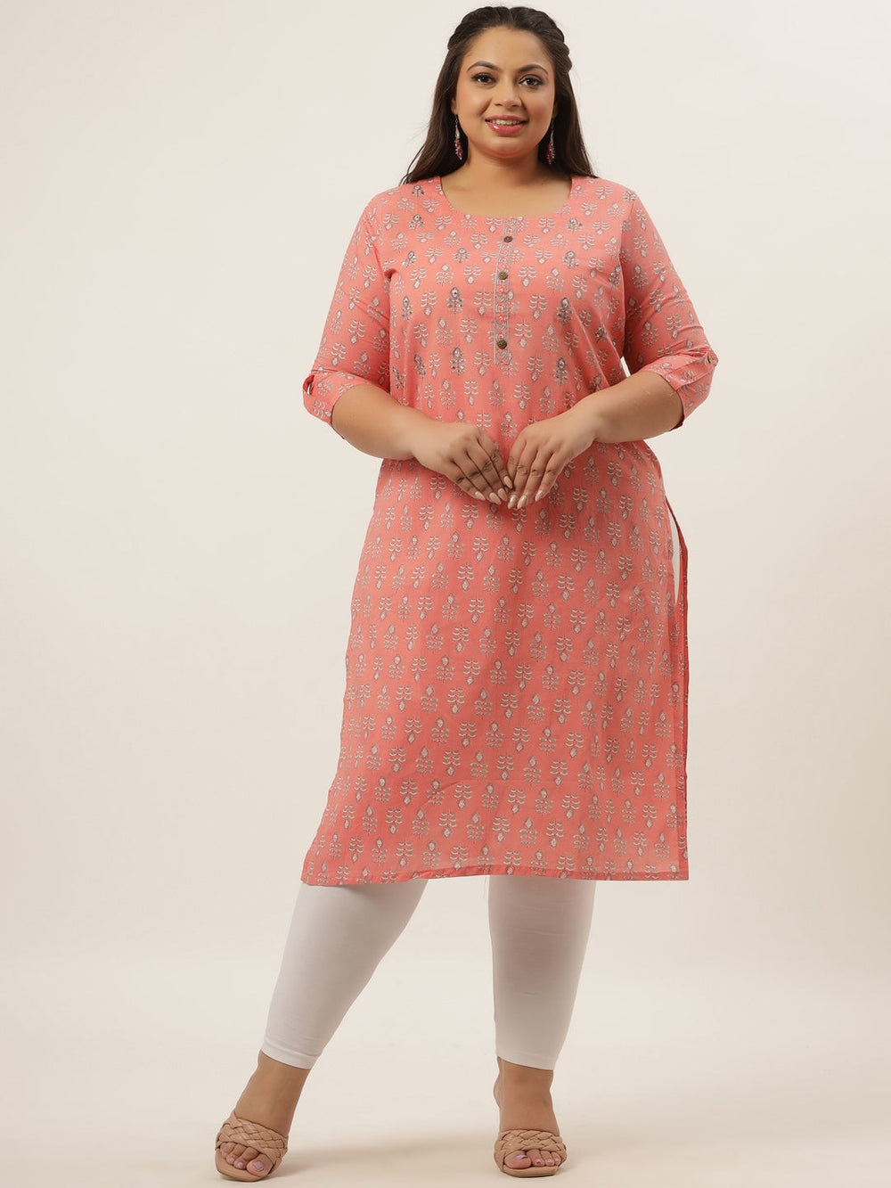 Plus Size Peach Printed Woven design Kurta-Yufta Store-4724KURPPC3XL