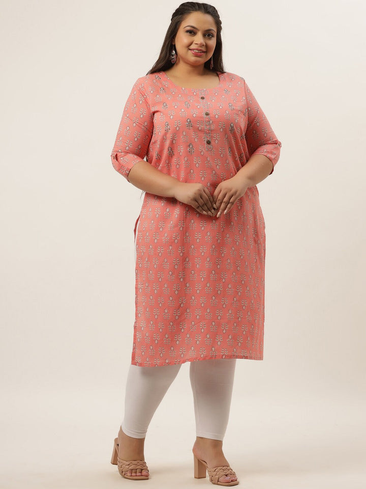 Plus Size Peach Printed Woven design Kurta-Yufta Store-4724KURPPC3XL