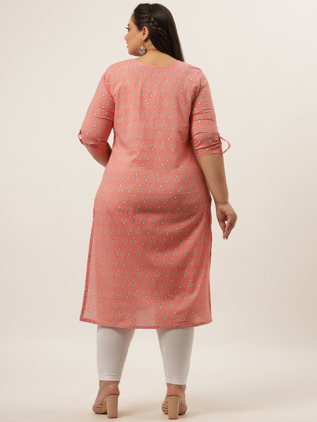 Plus Size Peach Printed Woven design Kurta-Yufta Store-4724KURPPC3XL