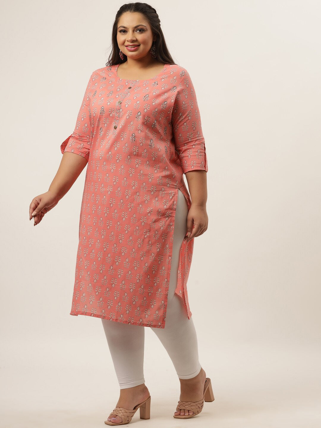 Plus Size Peach Printed Woven design Kurta-Yufta Store-4724KURPPC3XL