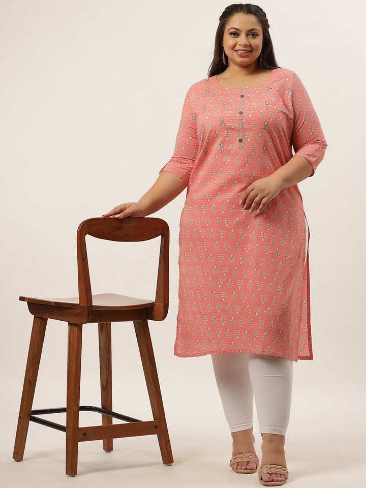 Plus Size Peach Printed Woven design Kurta-Yufta Store-4724KURPPC3XL