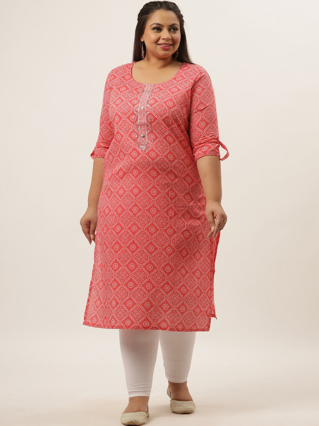 Plus Size Pink Bandhani Printed Kurta-Yufta Store-4737KURPPK3XL