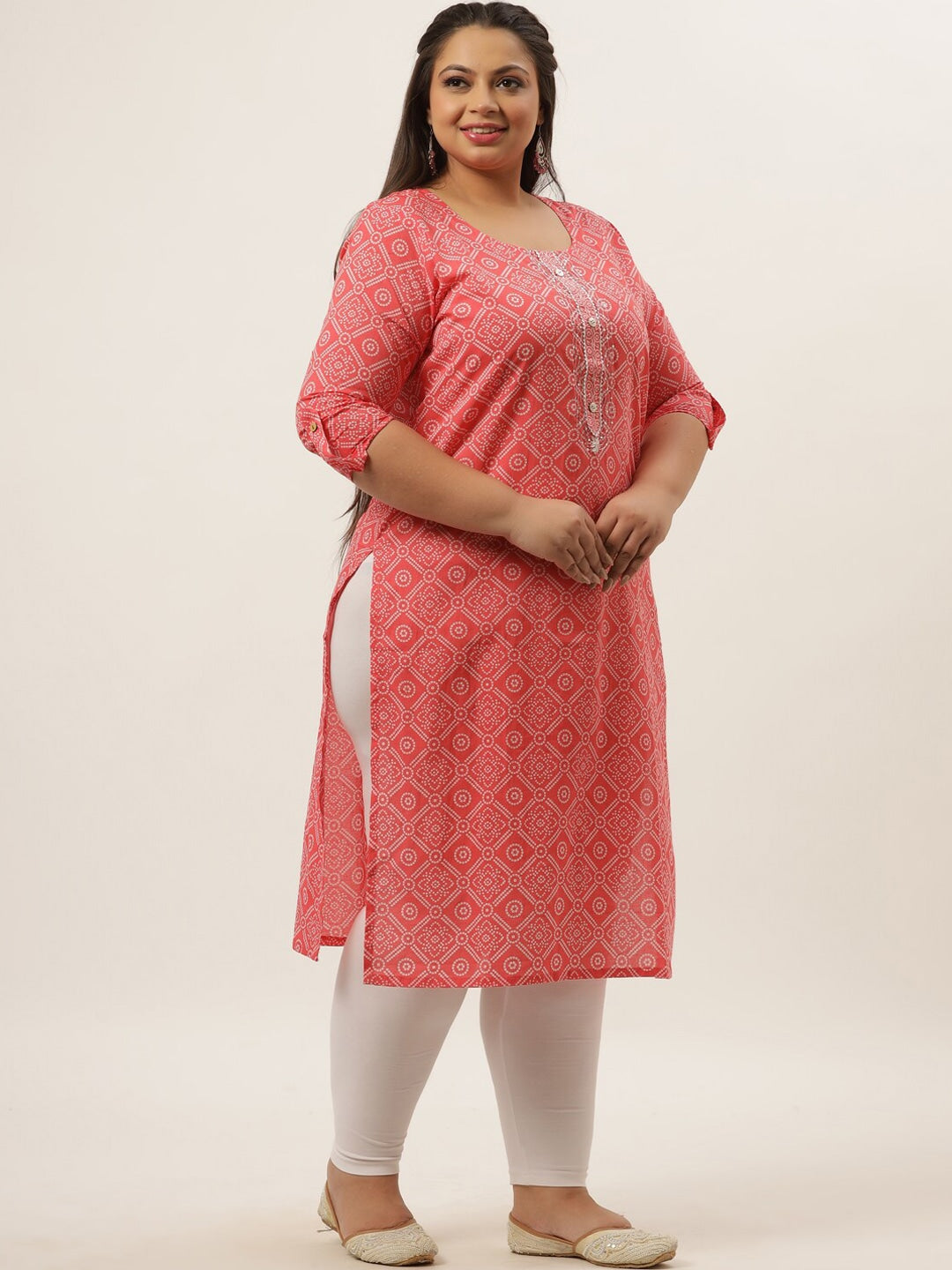 Plus Size Pink Bandhani Printed Kurta-Yufta Store-4737KURPPK3XL