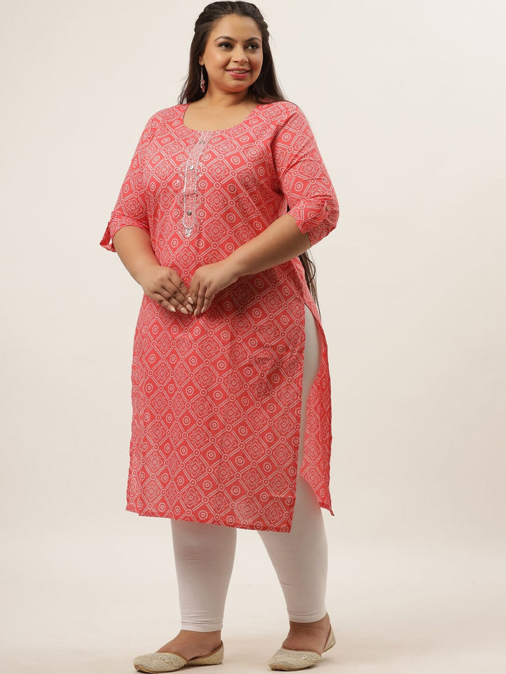 Plus Size Pink Bandhani Printed Kurta-Yufta Store-4737KURPPK3XL