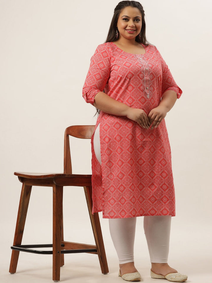 Plus Size Pink Bandhani Printed Kurta-Yufta Store-4737KURPPK3XL