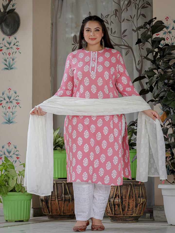 Plus Size Pink Ethnic Printed Straight Pure Cotton Kurta with Trousers And Dupatta-Yufta Store-9720PSKDPK3XL