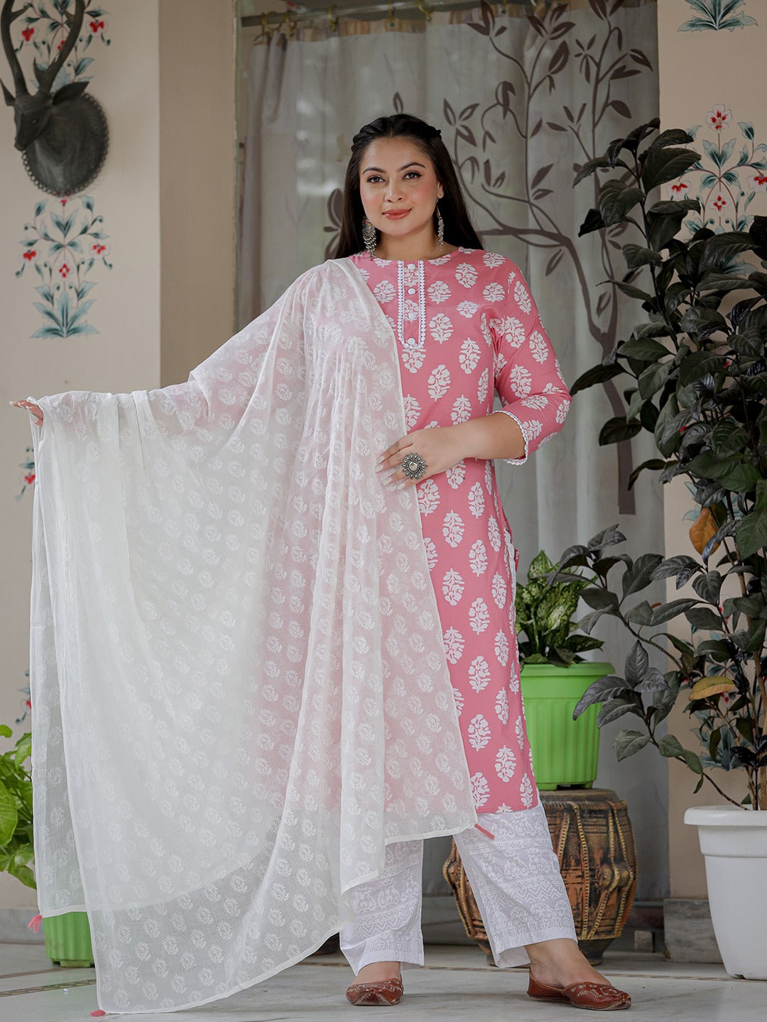 Plus Size Pink Ethnic Printed Straight Pure Cotton Kurta with Trousers And Dupatta-Yufta Store-9720PSKDPK3XL