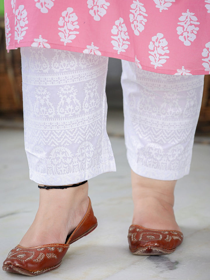 Plus Size Pink Ethnic Printed Straight Pure Cotton Kurta with Trousers And Dupatta-Yufta Store-9720PSKDPK3XL