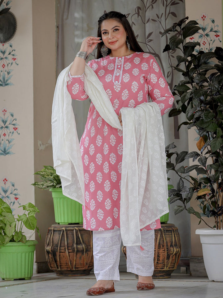 Plus Size Pink Ethnic Printed Straight Pure Cotton Kurta with Trousers And Dupatta-Yufta Store-9720PSKDPK3XL