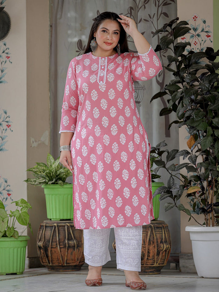 Plus Size Pink Ethnic Printed Straight Pure Cotton Kurta with Trousers And Dupatta-Yufta Store-9720PSKDPK3XL