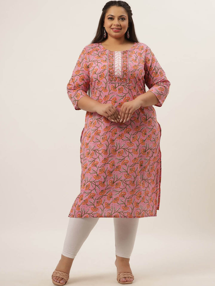 Plus Size Pink Floral Printed Kurta-Yufta Store-9410KURPPK3XL