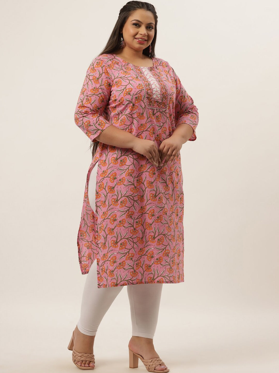 Plus Size Pink Floral Printed Kurta-Yufta Store-9410KURPPK3XL