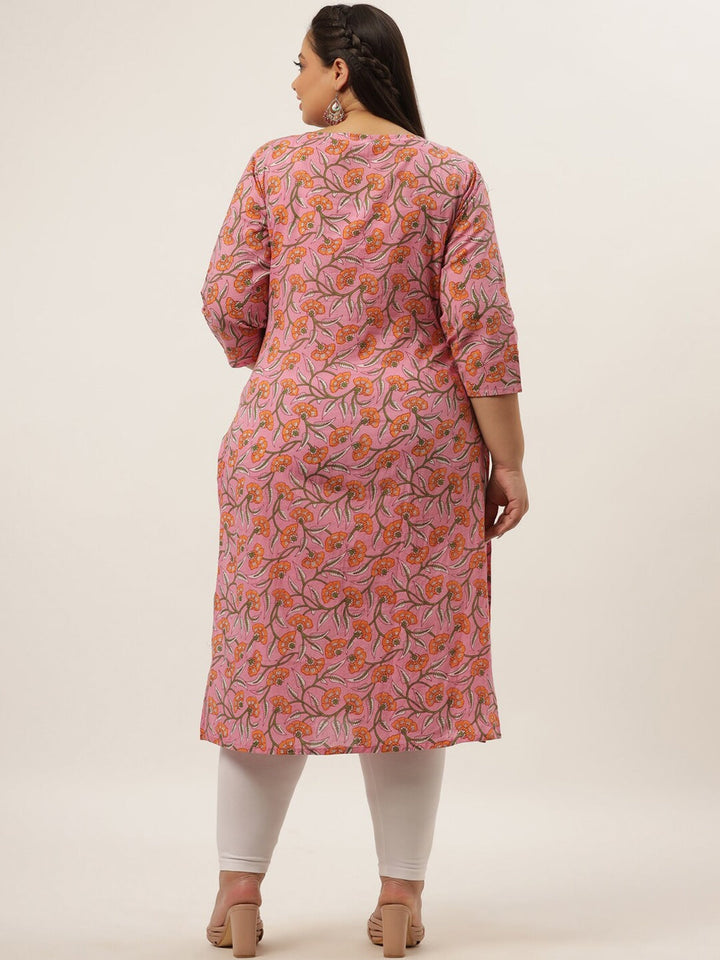 Plus Size Pink Floral Printed Kurta-Yufta Store-9410KURPPK3XL