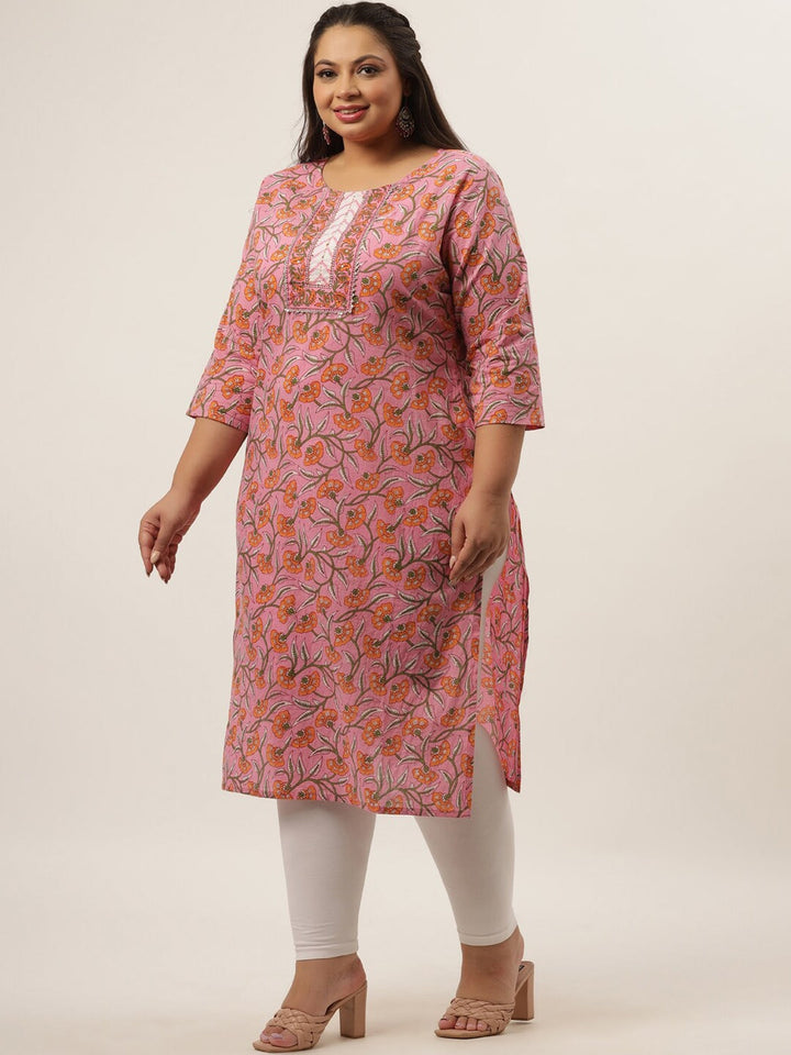 Plus Size Pink Floral Printed Kurta-Yufta Store-9410KURPPK3XL