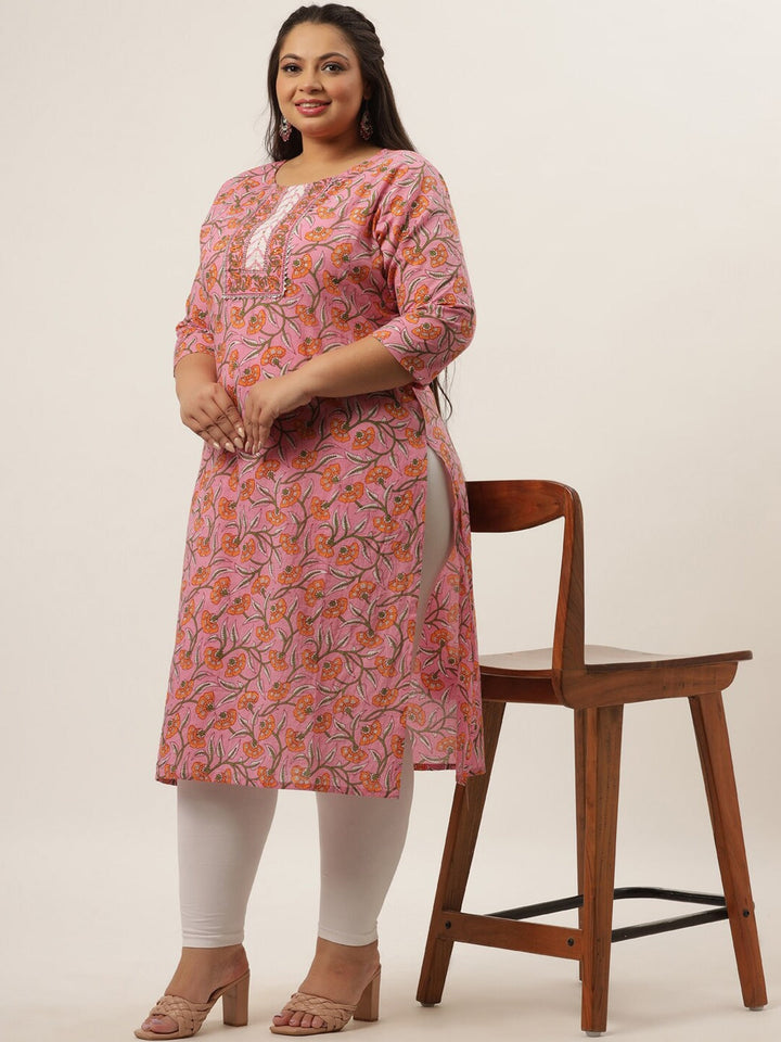 Plus Size Pink Floral Printed Kurta-Yufta Store-9410KURPPK3XL