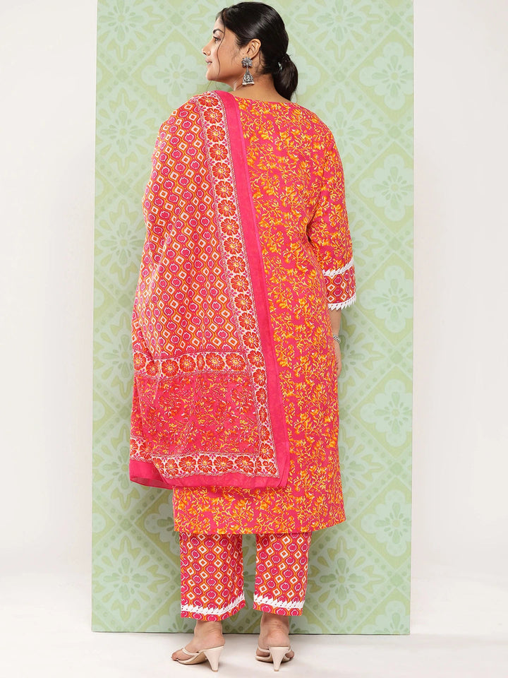 Plus Size Pink Floral Printed Pure Cotton Kurta with Trousers & With Dupatta-Yufta Store-1346PSKDPK3XL