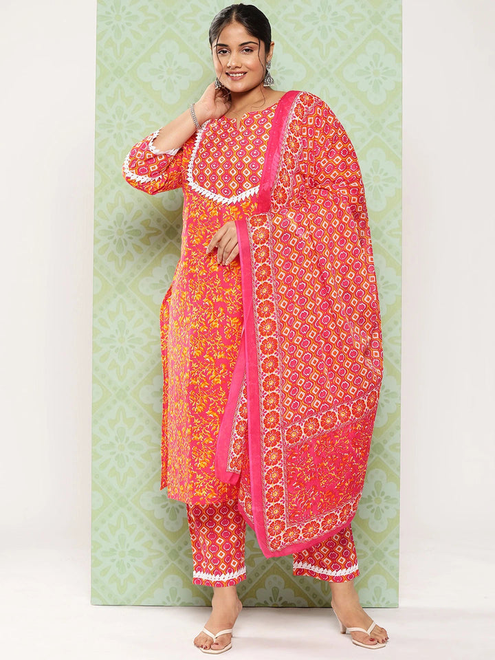 Plus Size Pink Floral Printed Pure Cotton Kurta with Trousers & With Dupatta-Yufta Store-1346PSKDPK3XL