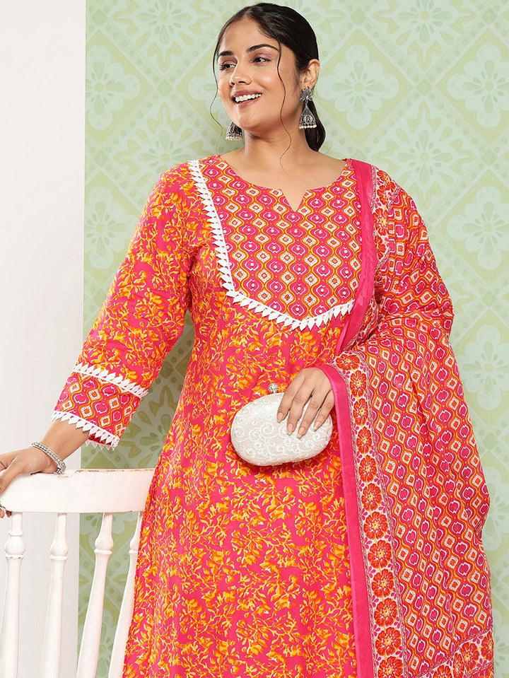 Plus Size Pink Floral Printed Pure Cotton Kurta with Trousers & With Dupatta-Yufta Store-1346PSKDPK3XL