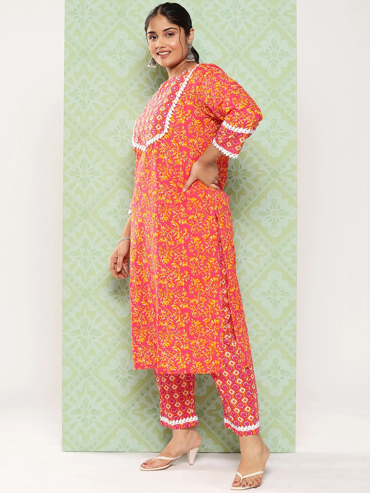 Plus Size Pink Floral Printed Pure Cotton Kurta with Trousers & With Dupatta-Yufta Store-1346PSKDPK3XL