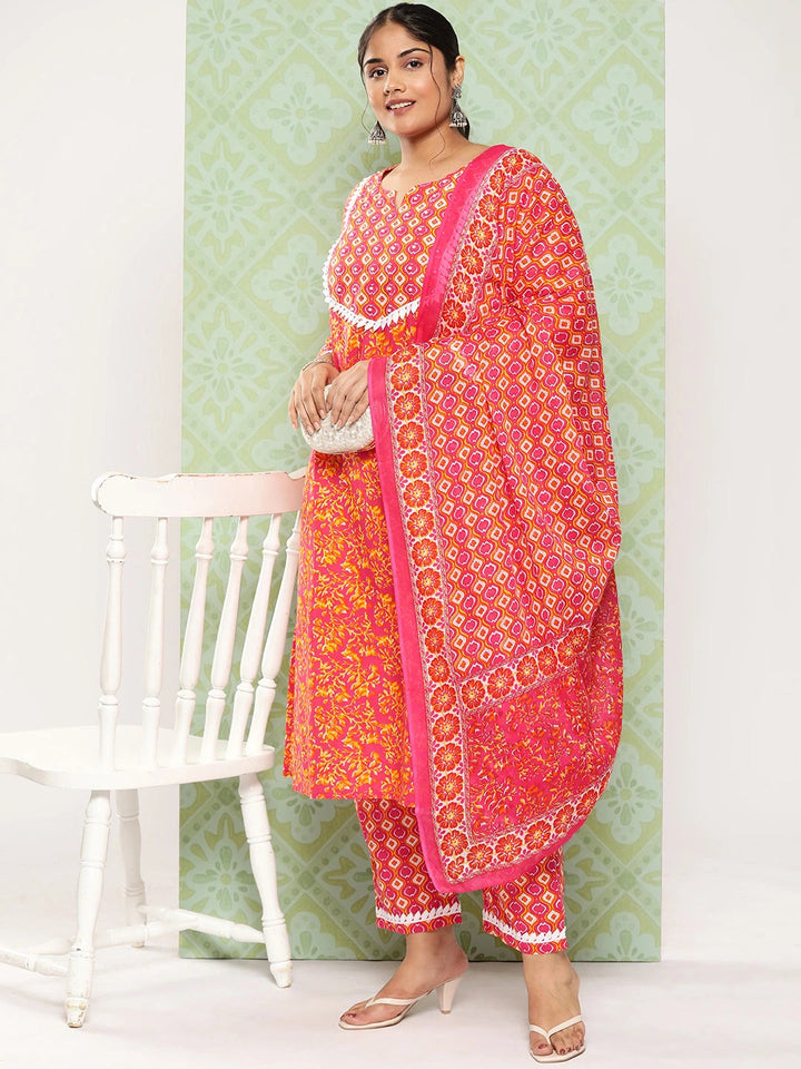 Plus Size Pink Floral Printed Pure Cotton Kurta with Trousers & With Dupatta-Yufta Store-1346PSKDPK3XL