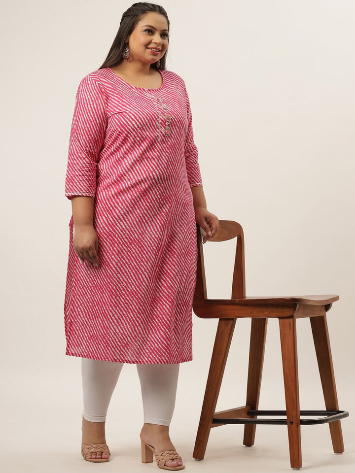 Plus Size Pink Laheriya Printed Kurta-Yufta Store-636KURPPK3XL