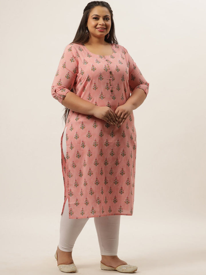 Plus Size Pink Printed Kurta-Yufta Store-4733KURPPK3XL