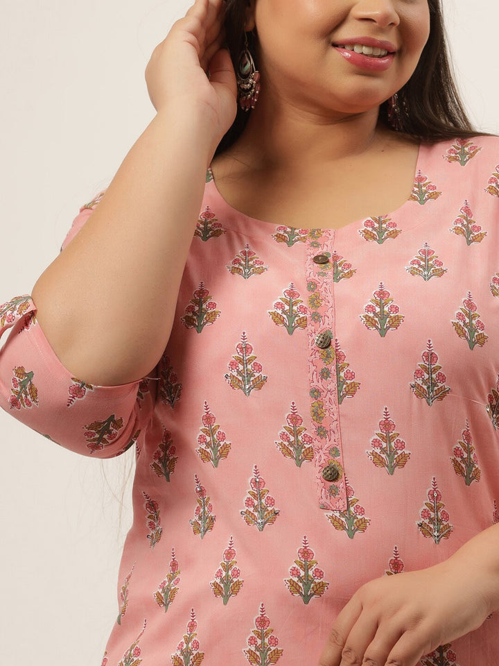 Plus Size Pink Printed Kurta-Yufta Store-4733KURPPK3XL