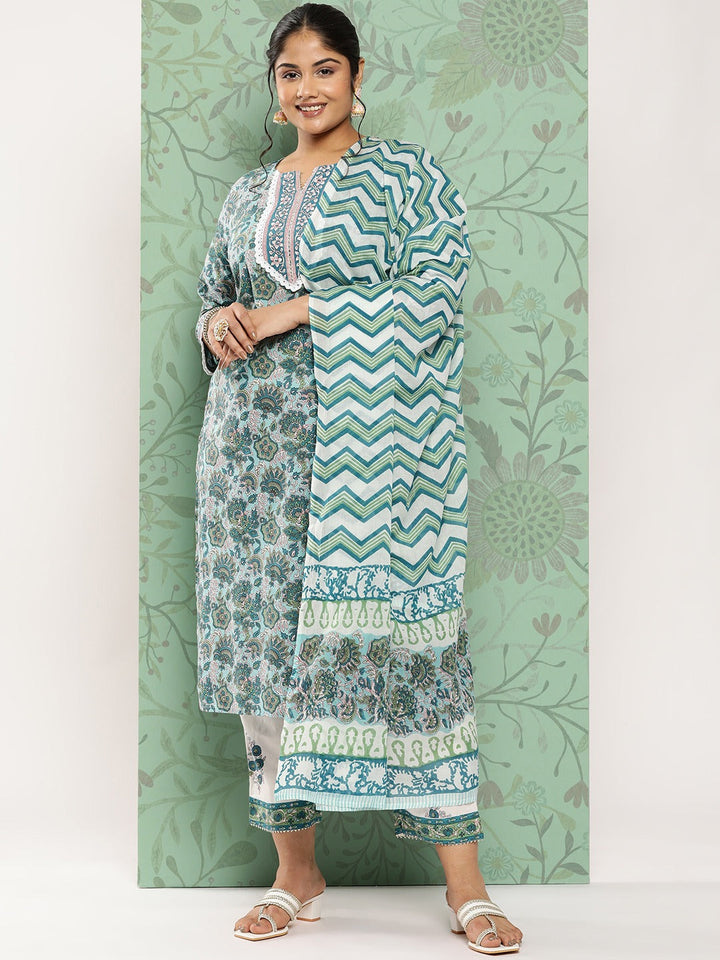 Plus Size Printed Cotton Kurta Dupatta Set-Yufta Store-3902PSKDGR3XL