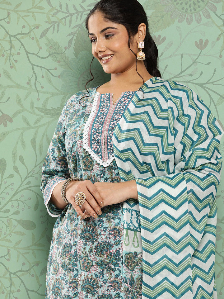 Plus Size Printed Cotton Kurta Dupatta Set-Yufta Store-3902PSKDGR3XL