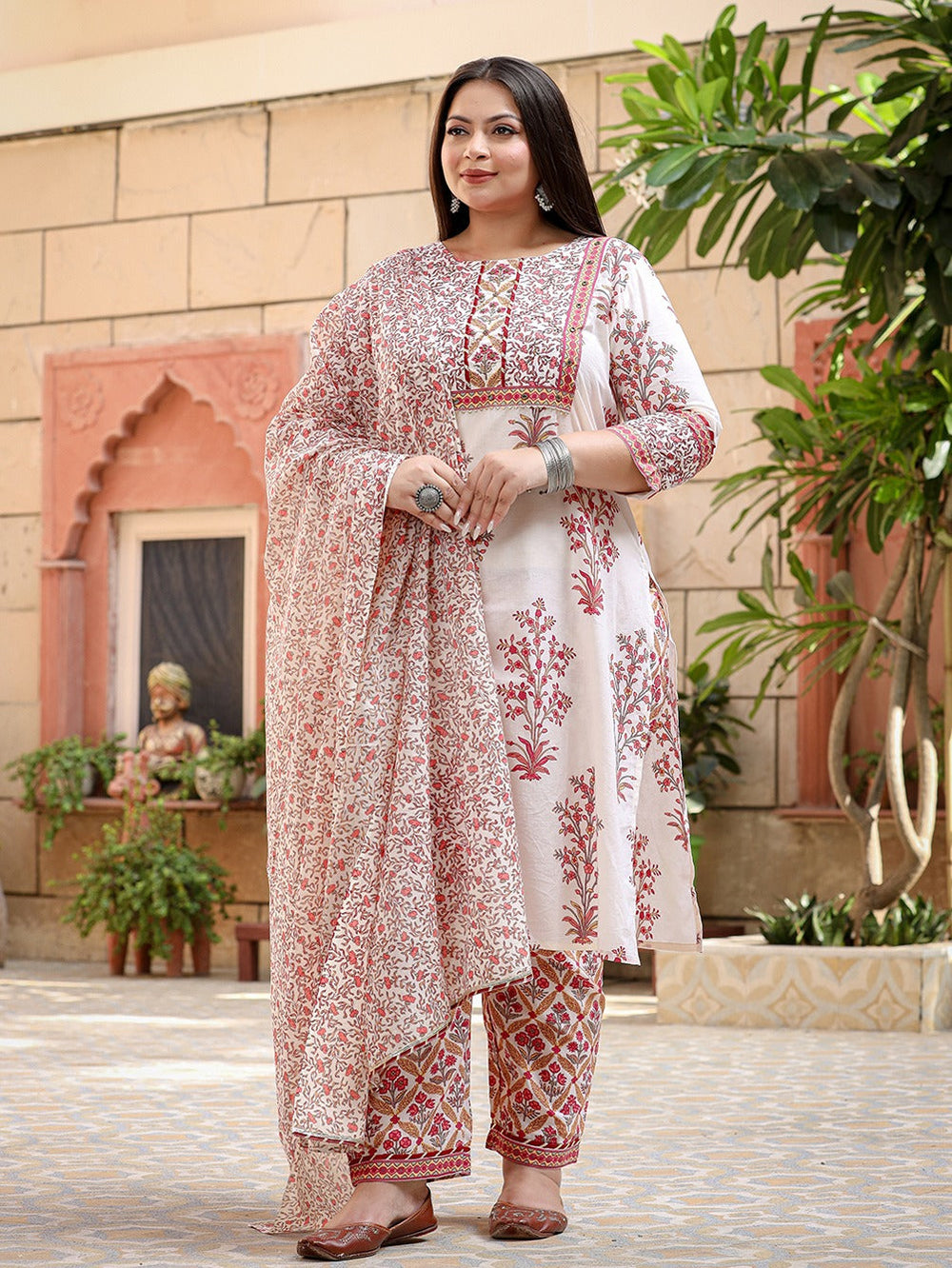 Plus Size Printed Cotton Kurta Dupatta Set