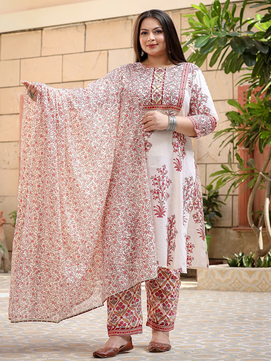 Plus Size Printed Cotton Kurta Dupatta Set-Yufta Store-4504PSKDWH3XL