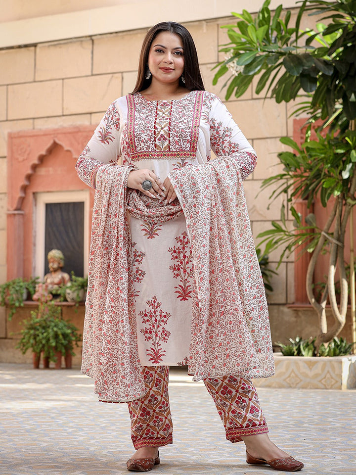 Plus Size Printed Cotton Kurta Dupatta Set-Yufta Store-4504PSKDWH3XL