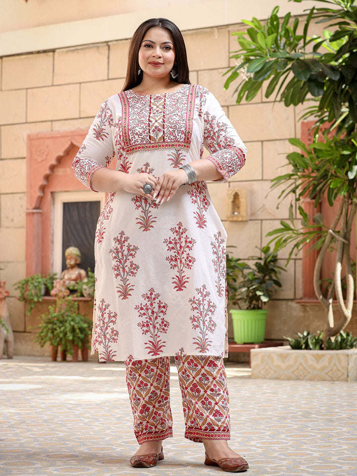 Plus Size Printed Cotton Kurta Dupatta Set-Yufta Store-4504PSKDWH3XL