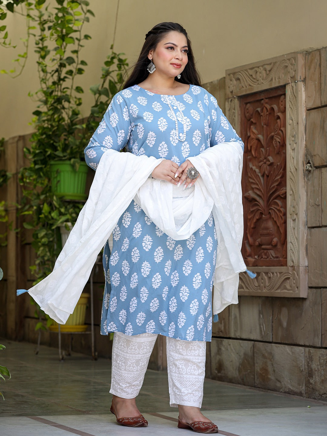 Plus Size Printed Cotton Kurta Dupatta Set-Yufta Store-9720PSKDBL3XL