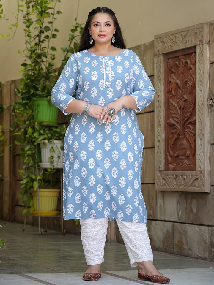 Plus Size Printed Cotton Kurta Dupatta Set-Yufta Store-9720PSKDBL3XL