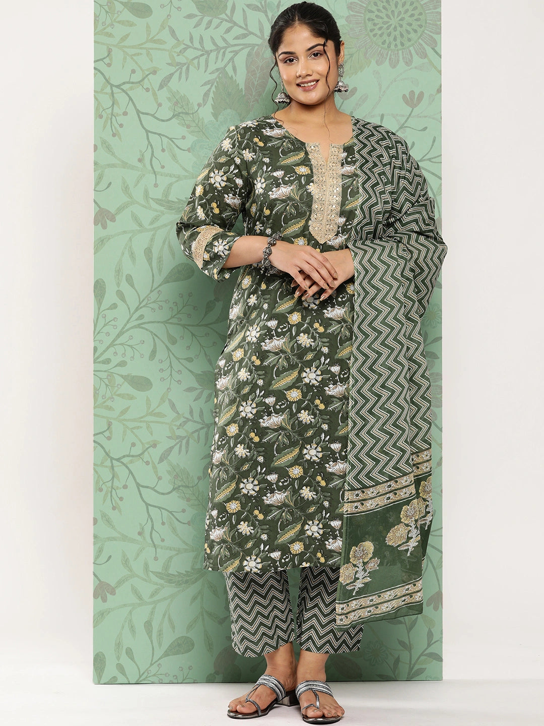 Plus Size Printed Sequinned Cotton Kurta Dupatta Set