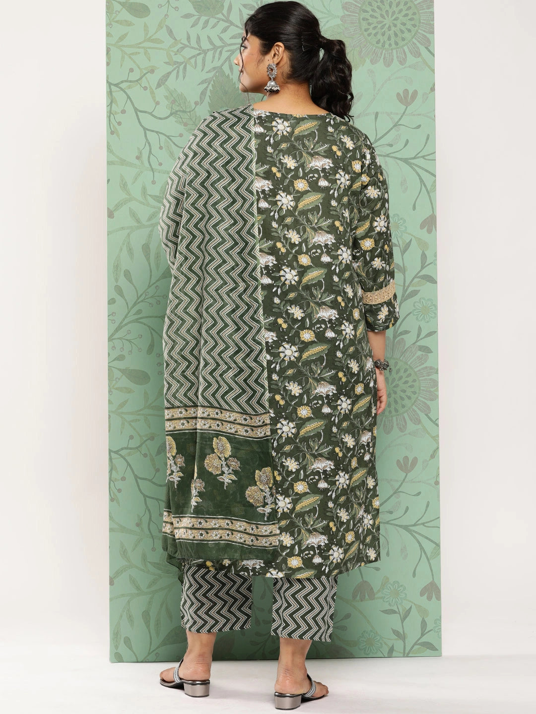 Plus Size Printed Sequinned Cotton Kurta Dupatta Set-Yufta Store-1120PSKDGR3XL