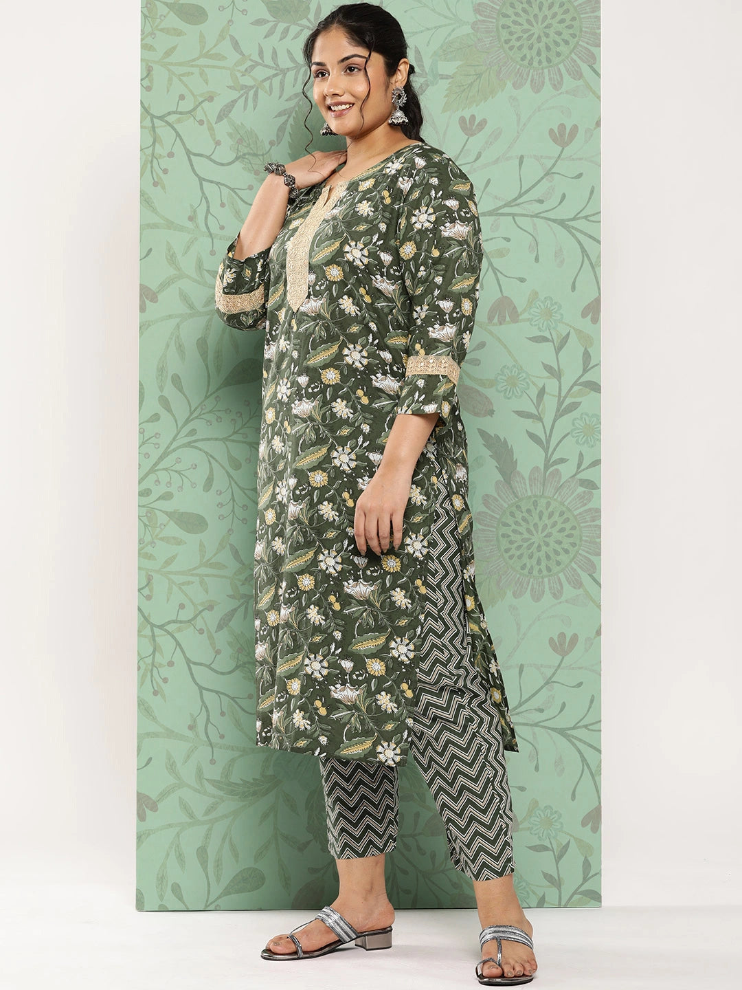 Plus Size Printed Sequinned Cotton Kurta Dupatta Set