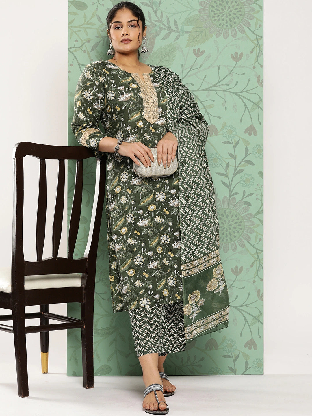 Plus Size Printed Sequinned Cotton Kurta Dupatta Set-Yufta Store-1120PSKDGR3XL