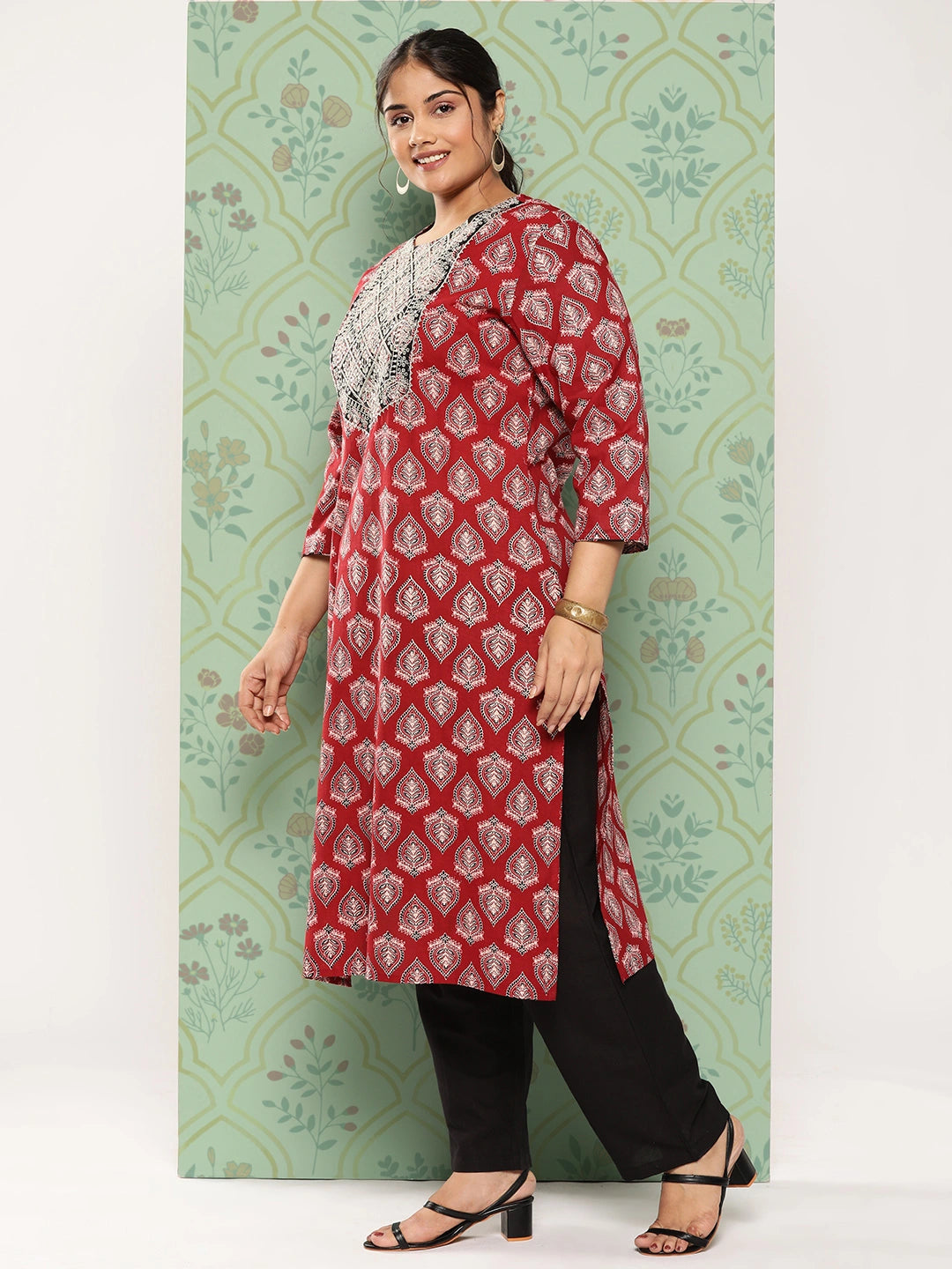 Plus Size Red Ethnic Motifs Printed Gotta Patti Cotton Kurta with Trousers & Dupatta-Yufta Store-1392PSKDRD3XL