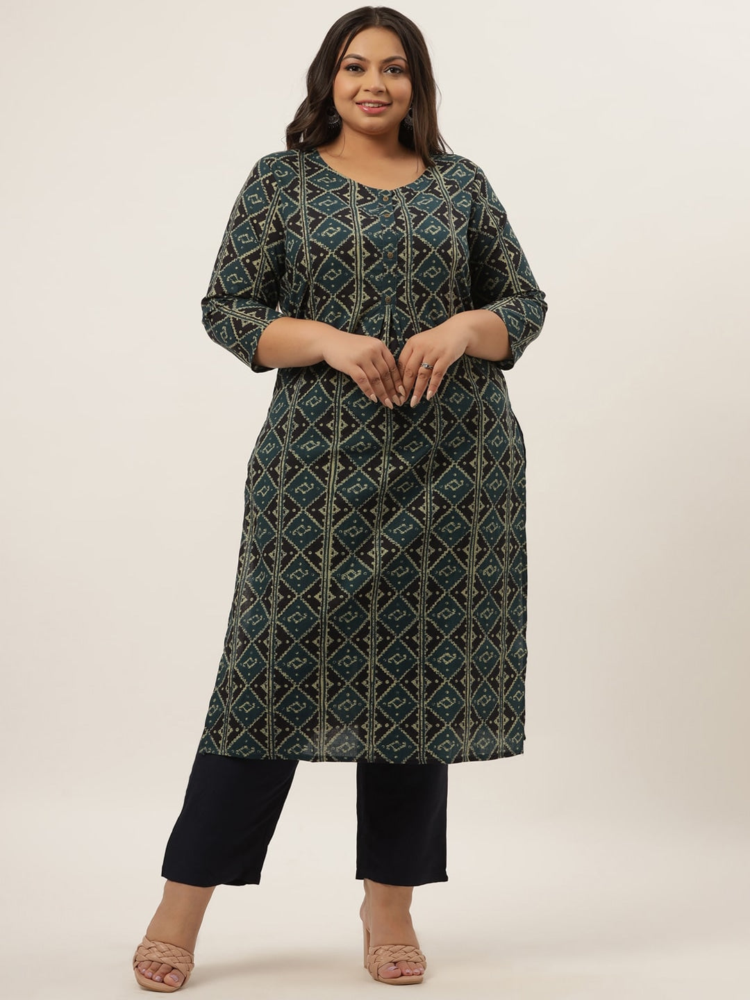 Plus Size Teal Printed Kurta Set-Yufta Store-9206SETBL3XL